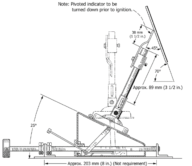 Apparatus for test method A of ASTM D8355. The pivoted indicator aligns with the center of the burner bore to show the location at which the flame will touch the specimen.